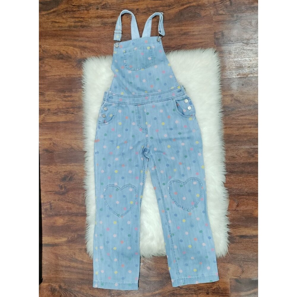 Boden 100% Cotton Girls Size 13-14Y Polka Dot Denim Dungarees Overalls Blue - Picture 2 of 13